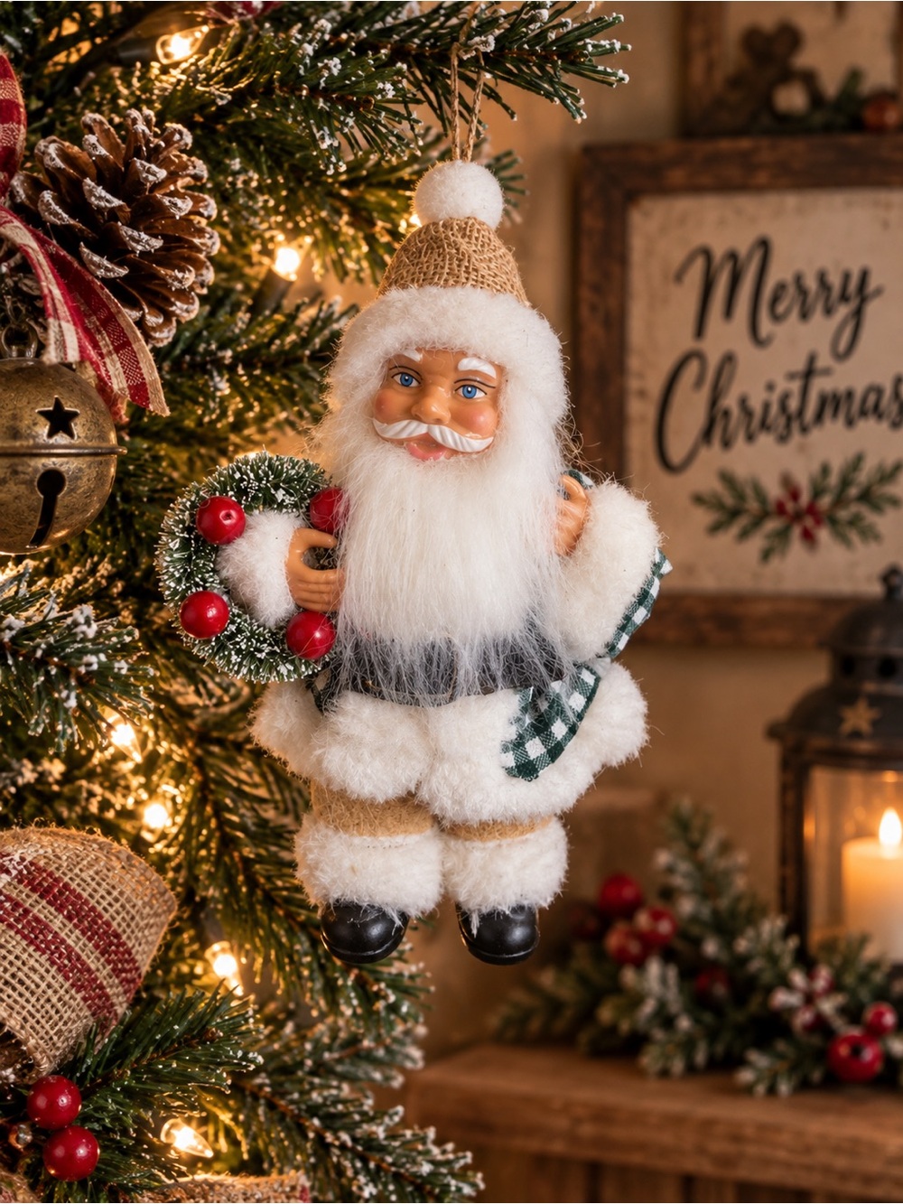 Holiday Santa Ornament in Green Plaid - Festive Home Holiday Decor